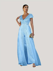 Sequin Surplice Neck Jumpsuit with Overskirt for Women