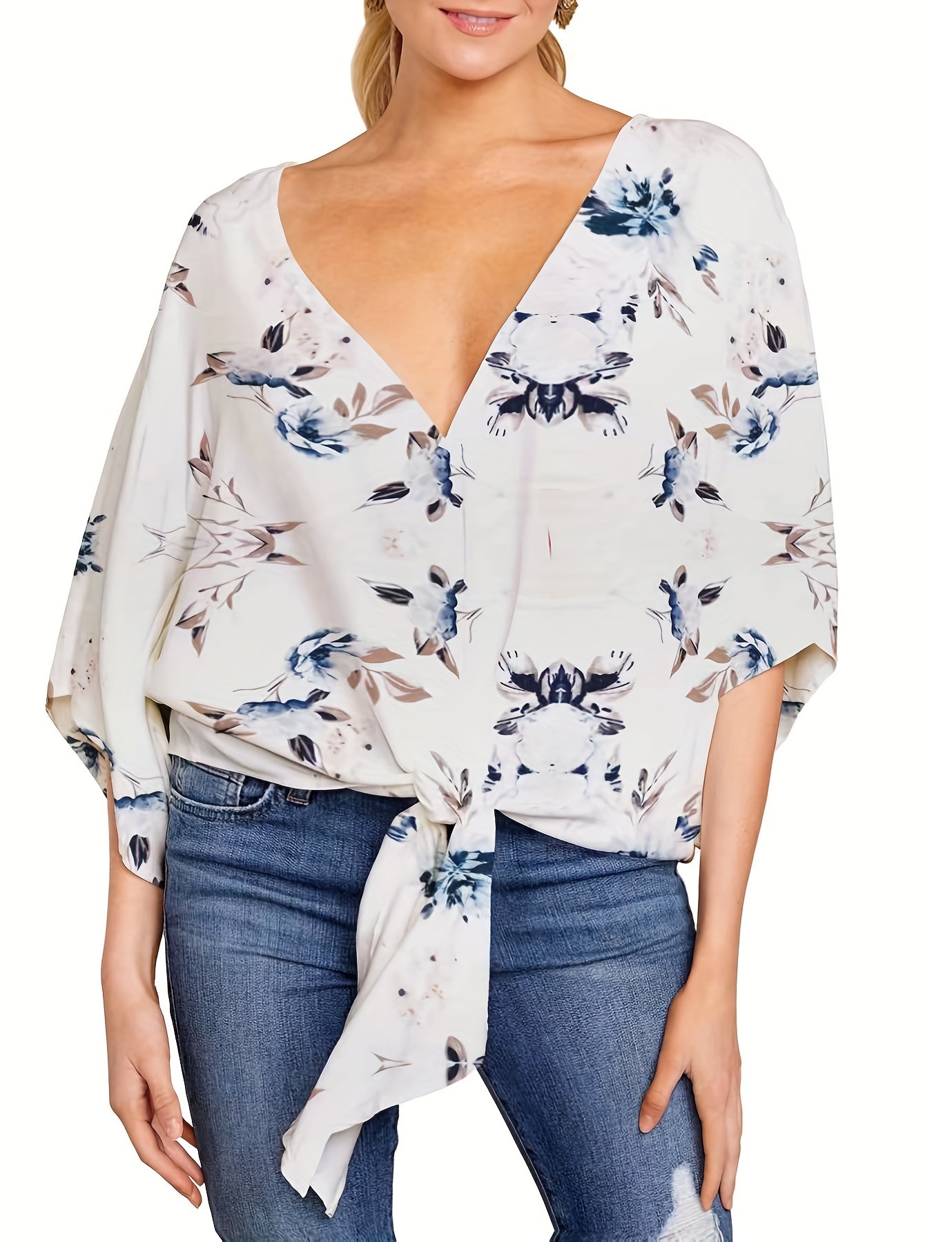 Floral Print Boho Blouse V Neck T-Shirt