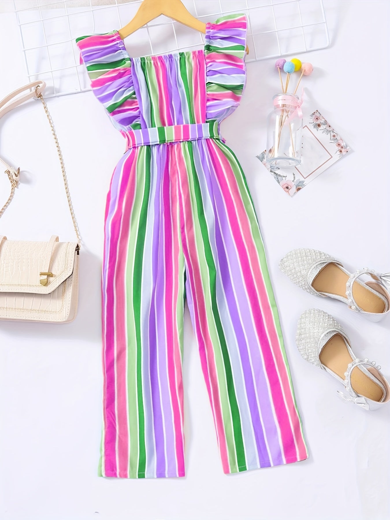 Girls Striped Romper Ruffle Square Neck Jumpsuit With Belt Kids Summer Clothes