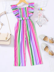 Girls Striped Romper Ruffle Square Neck Jumpsuit With Belt Kids Summer Clothes