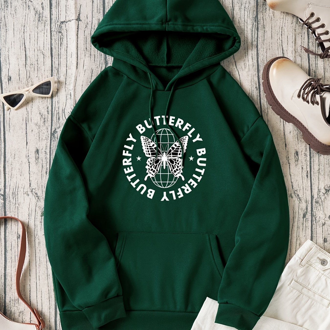 Butterfly & Letter Print Drawstring Sweatshirt Top Long Sleeve Pullover Hoodie