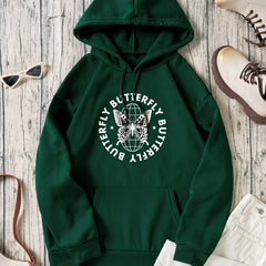 Butterfly & Letter Print Drawstring Sweatshirt Top Long Sleeve Pullover Hoodie