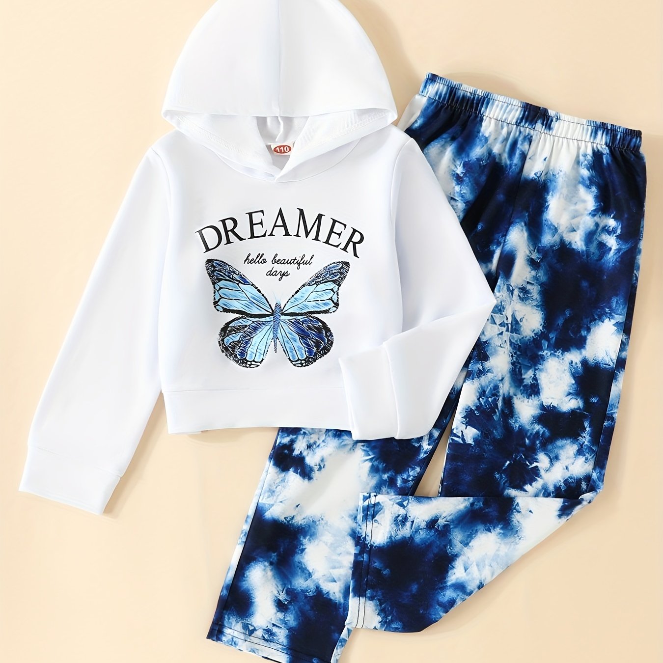 Girl's Butterfly Pattern 2pcs Hoodie & Pants Set DREAMER Print Top Casual Outfit