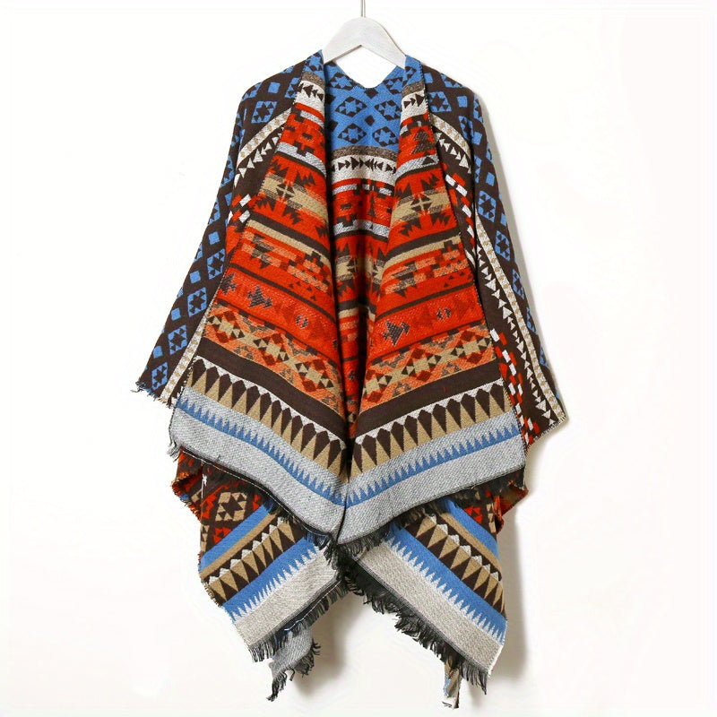 Boho Plaid Jacquard Large Shawl Vintage Warm Cape Scarf