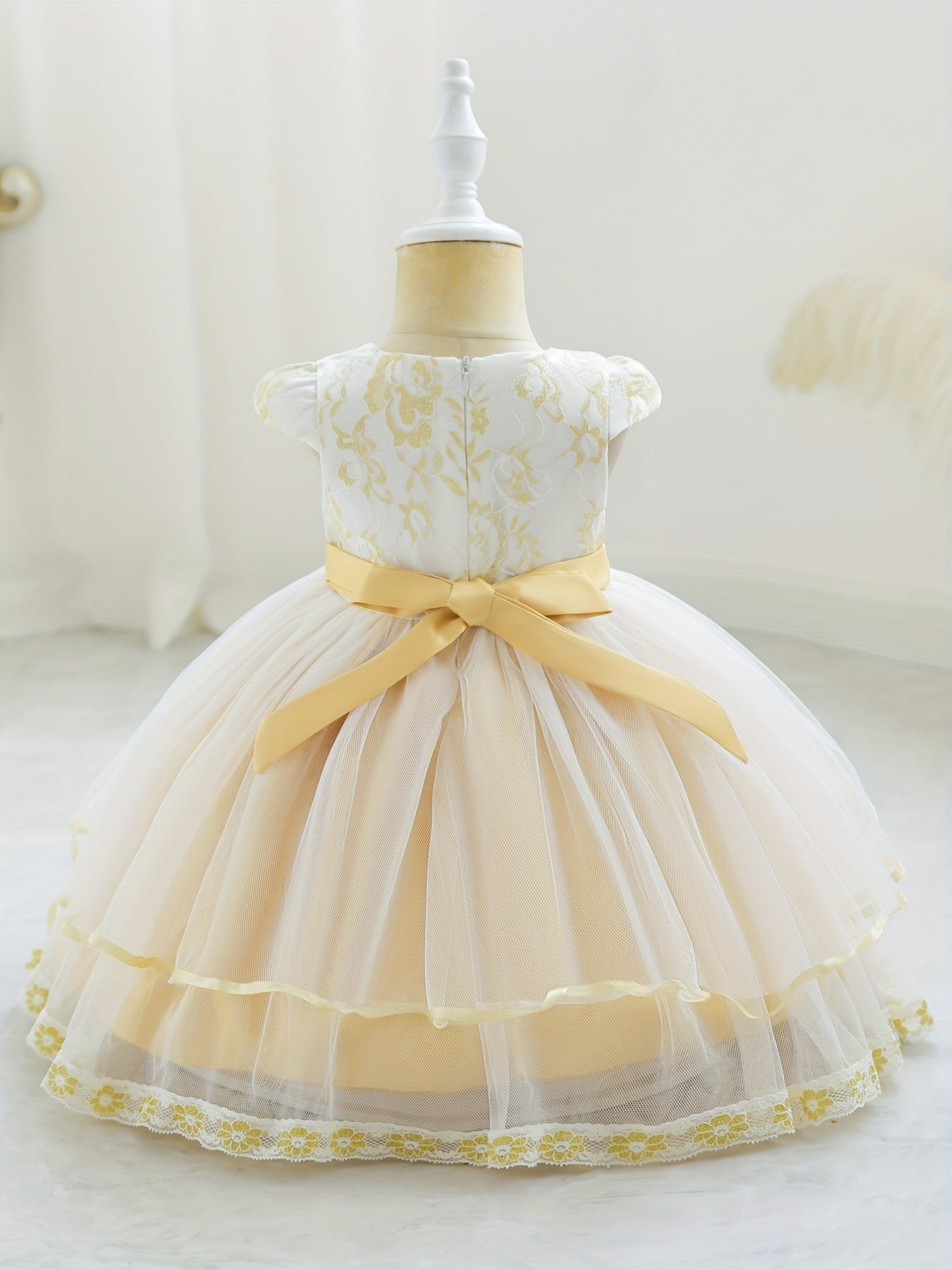 Girls Floral Embroidered Bow Princess Dress Kids Birthday Banquet Mesh Gown