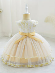 Girls Floral Embroidered Bow Princess Dress Kids Birthday Banquet Mesh Gown