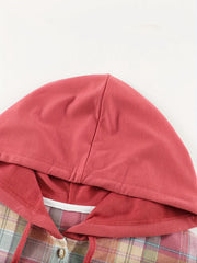Colorblock Plaid Print Hooded Shacket