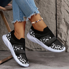 Leopard Print Slip on Walking Shoes Soft Sole Knit Casual Sneakers