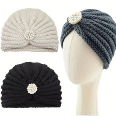 Faux Pearl Pleated Turban Cap Knit Head Wrap Beanie Warm Hat Ramadan Hijab Chemo