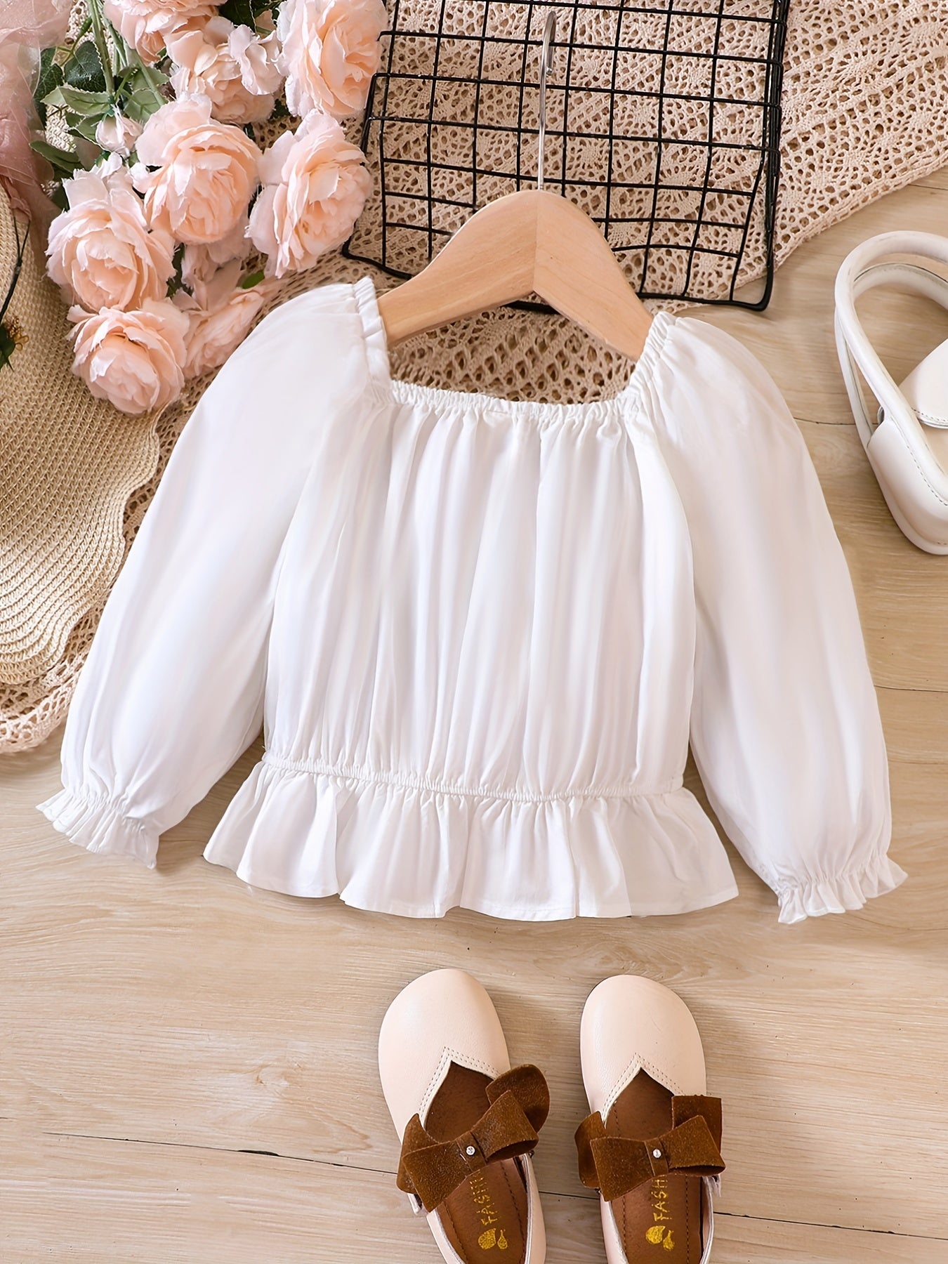 Ruffle Cuffs Button Square Neck Puff Sleeve Shirt