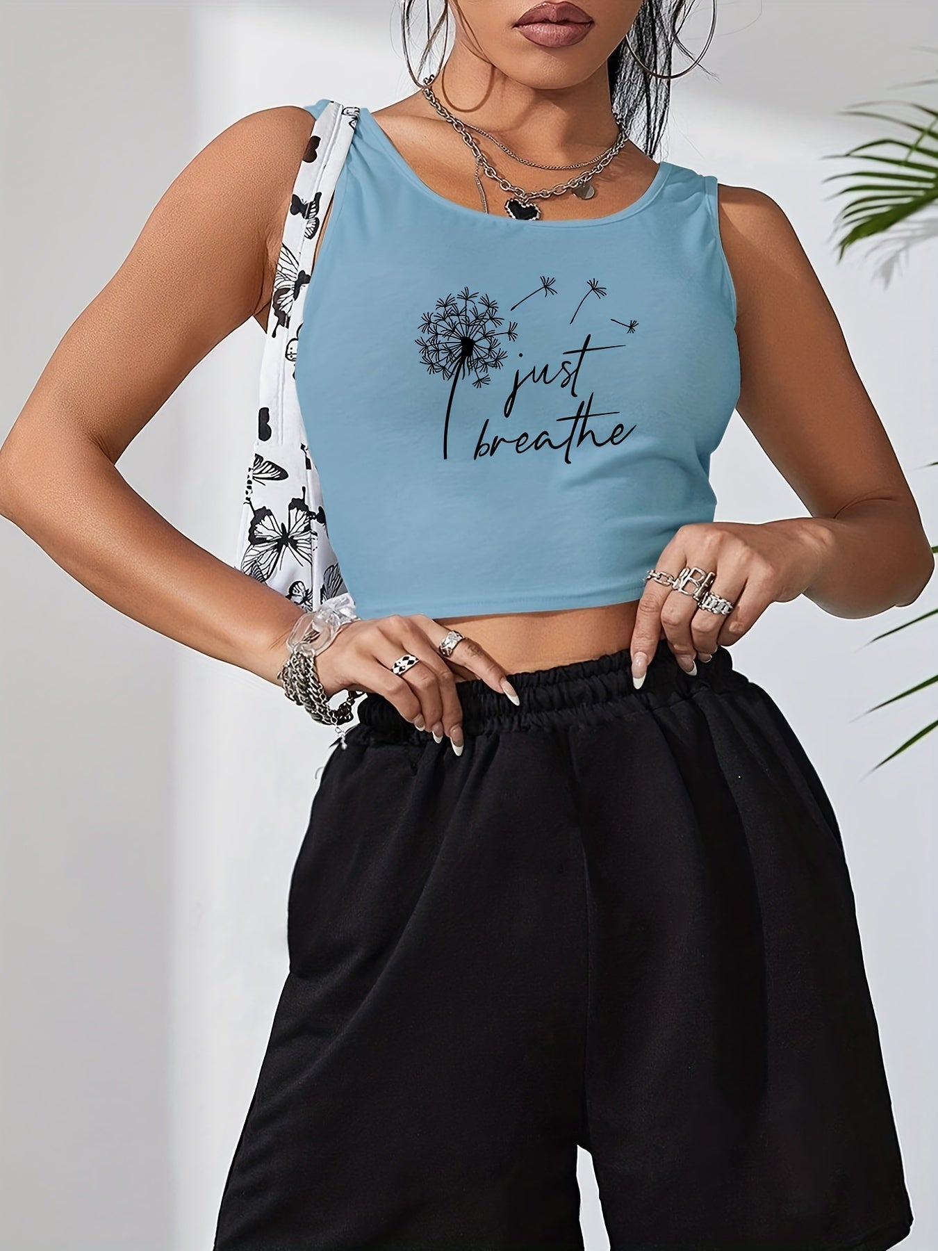 Dandelion & Letter Print Crop Tank Top Sleeveless Summer Women's Clothing