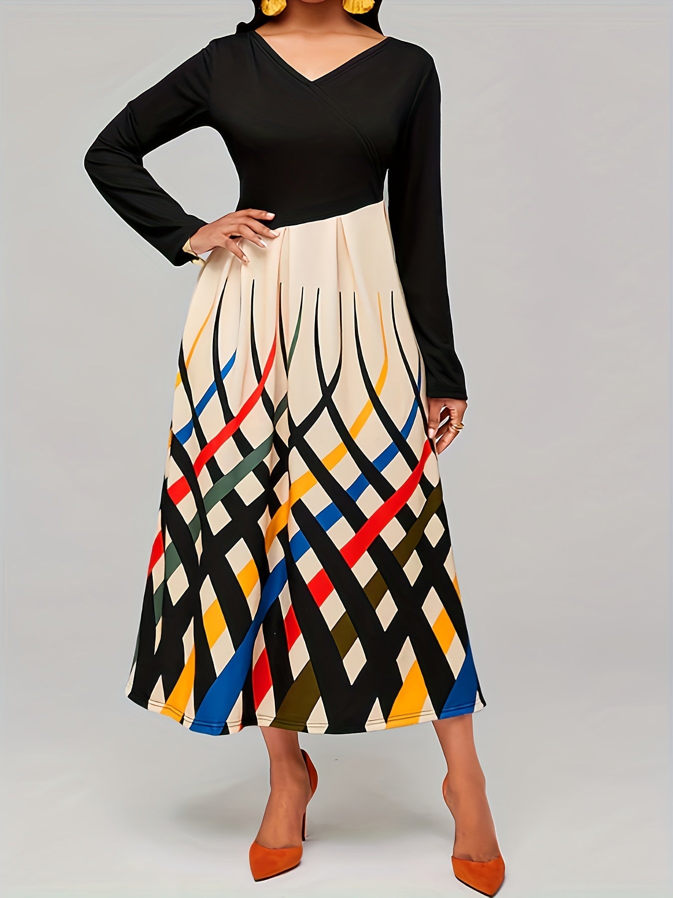 Colorblock Stripe Long Sleeve V Neck Dress