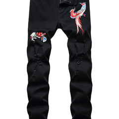 Slim Fit Embroidery Bird Ripped Jeans Men's Casual Medium Stretch Denim Pants