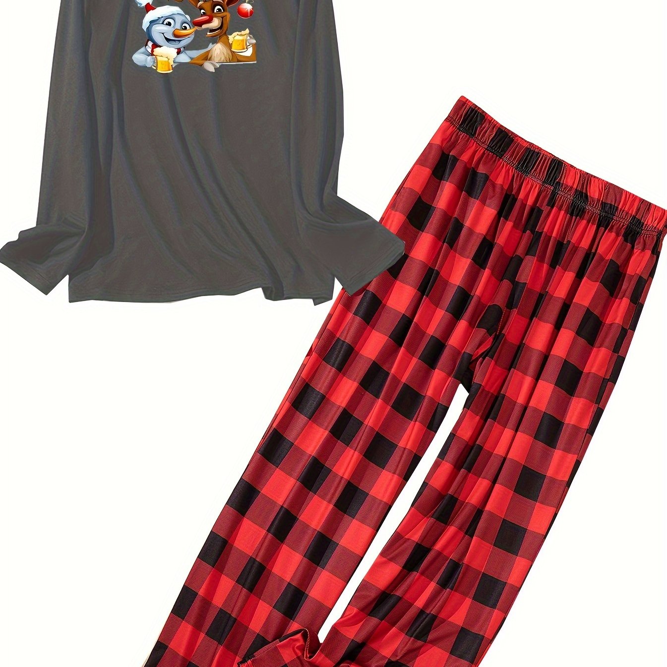 Christmas Lounge Set Snowman & Elk Print Long Sleeve Tee & Plaid Pants