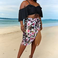 Cold Shoulder Bikini Set with Ruffle Trim & Cover Up Skirt