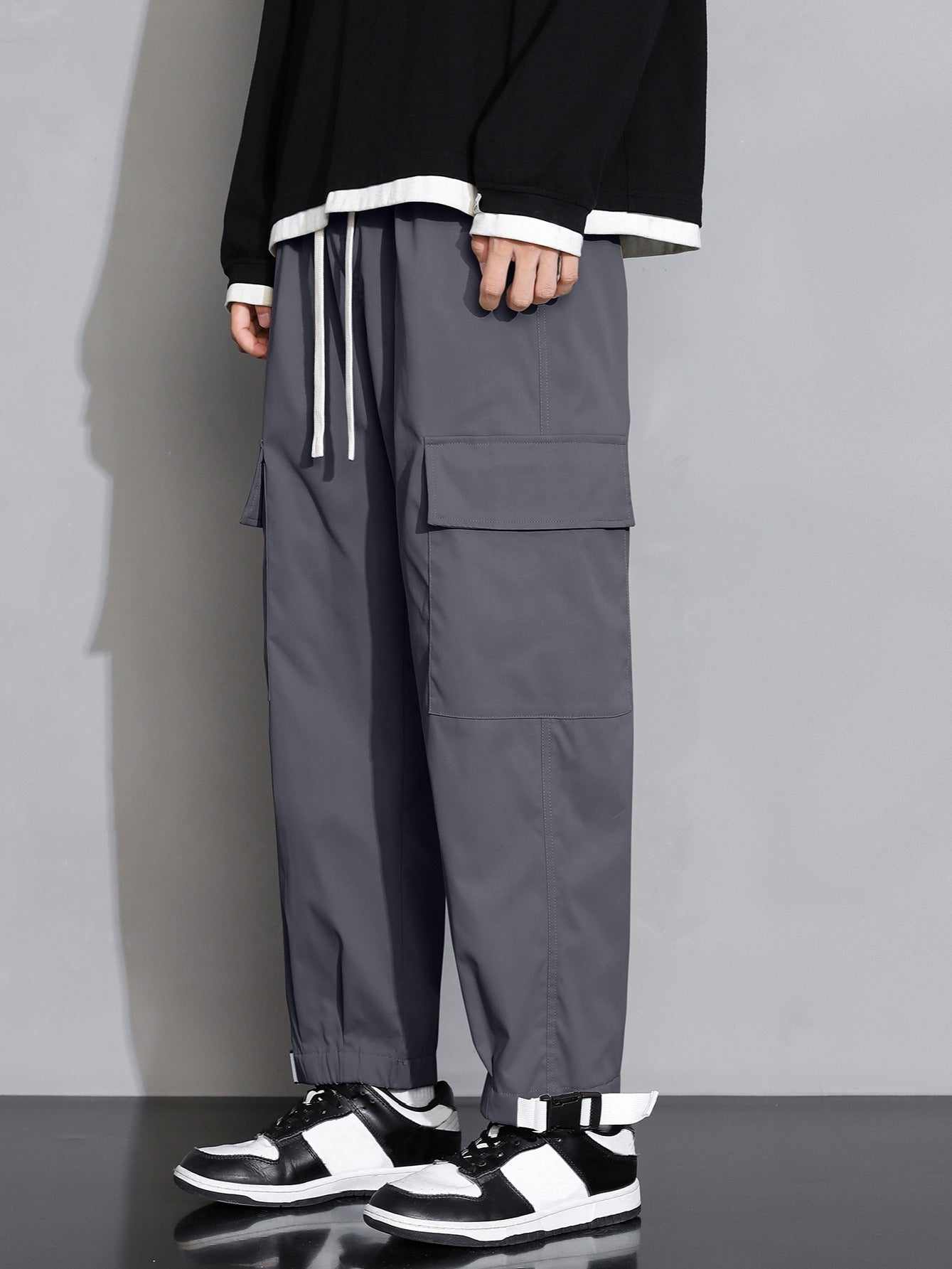 Autumn Winter Grey Cargo Pants With Ankle Straps