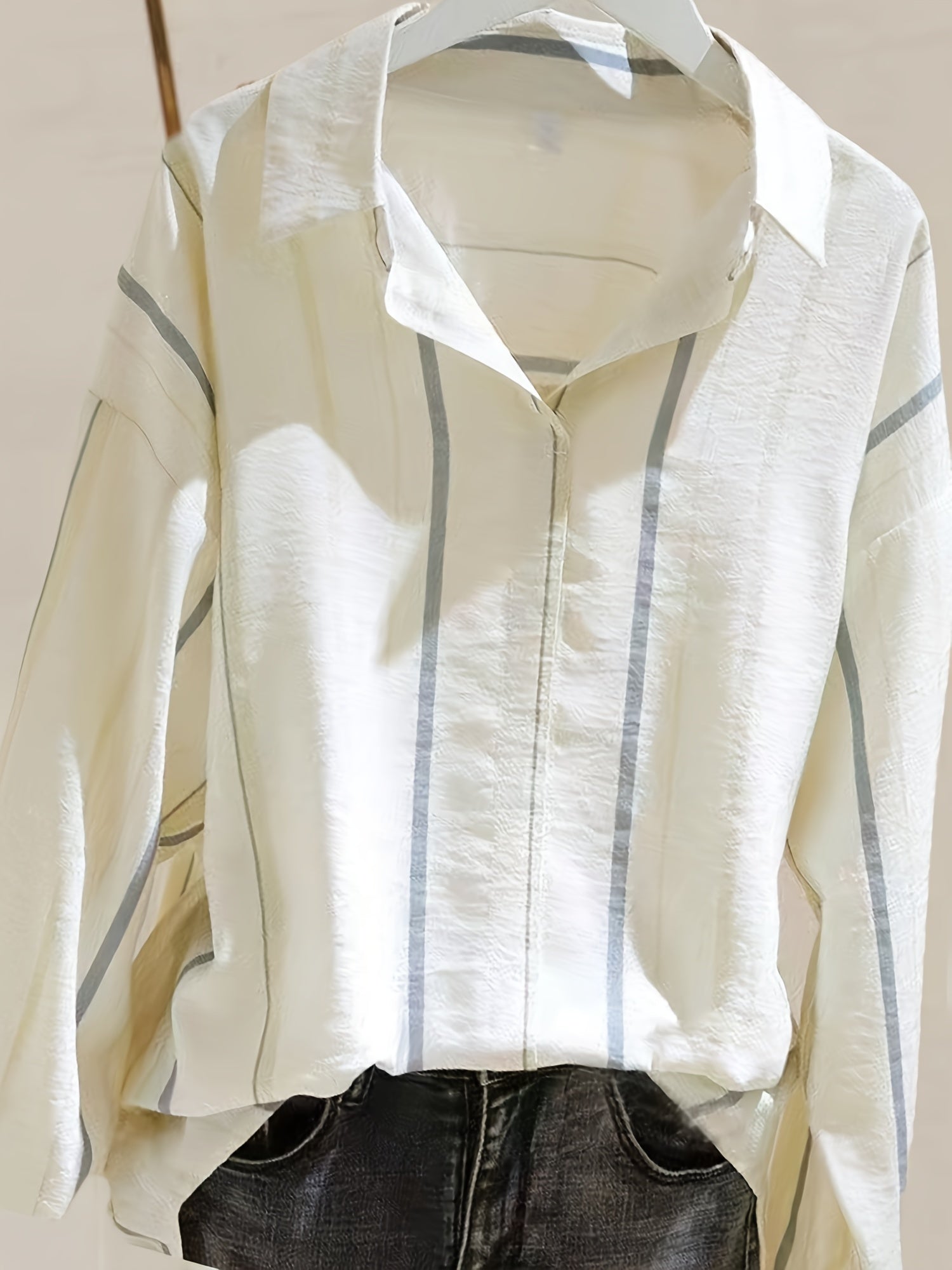 Striped Lapel Long Sleeve Shirt Casual Loose Top