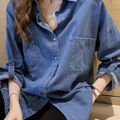 Casual Denim Top Women's Button Down Roll Up Sleeve Blouse