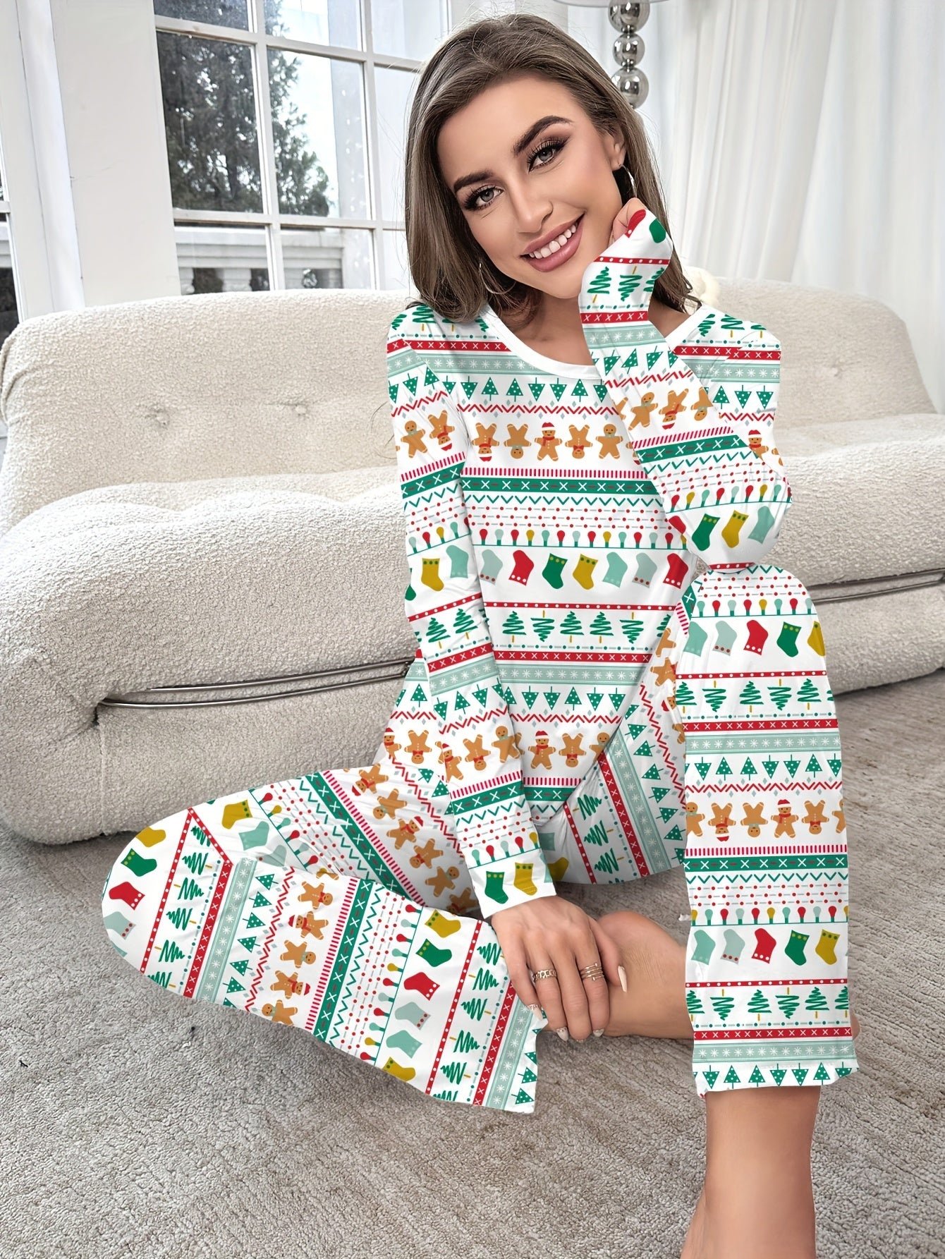 Christmas Print Pajama Set Long Sleeve Top & Pants