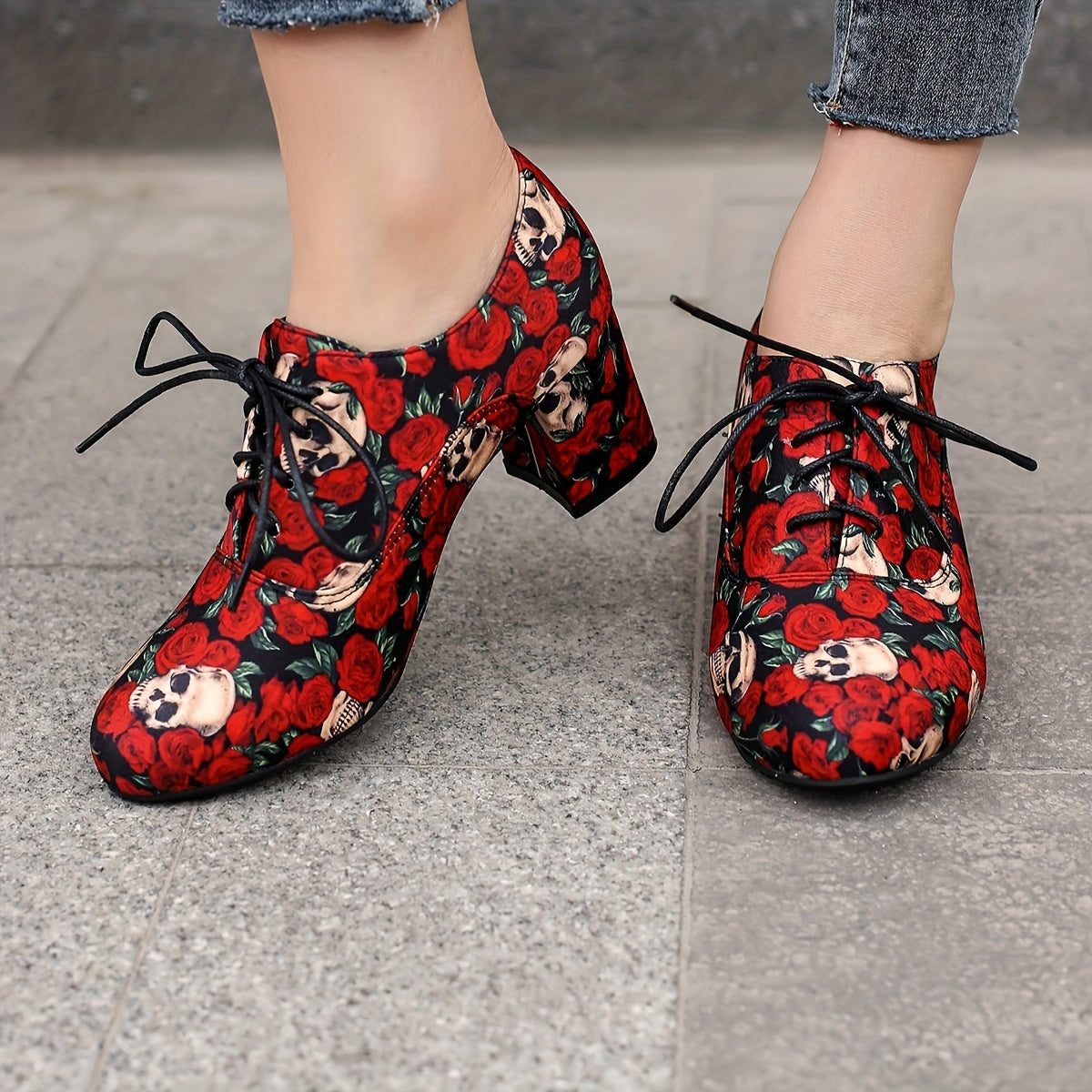 Skull & Rose Chunky Heels Lace Up Pumps Round Toe