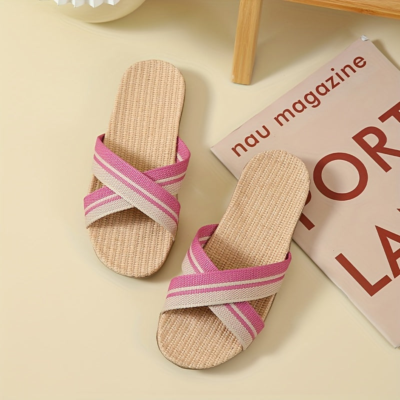 Women's Cross Strap Flat Slides Linen Shoes Comfy Indoor Slides