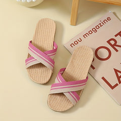 Women's Cross Strap Flat Slides Linen Shoes Comfy Indoor Slides