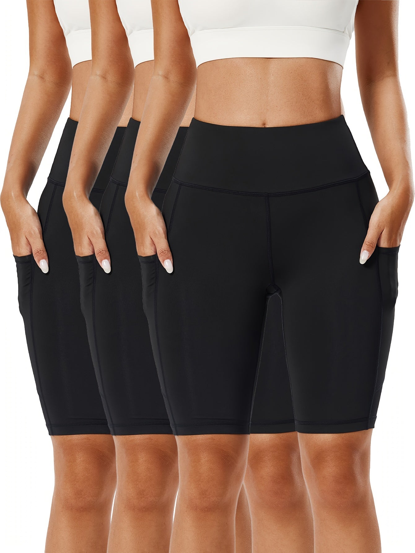 3Pcs Solid Sports Shorts High Waist Tummy Control Slim Fit With Pocket