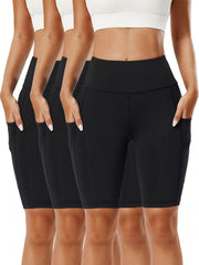 3Pcs Solid Sports Shorts High Waist Tummy Control Slim Fit With Pocket
