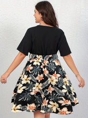 Floral Print Short Sleeve V Neck A Line Dress With Belt