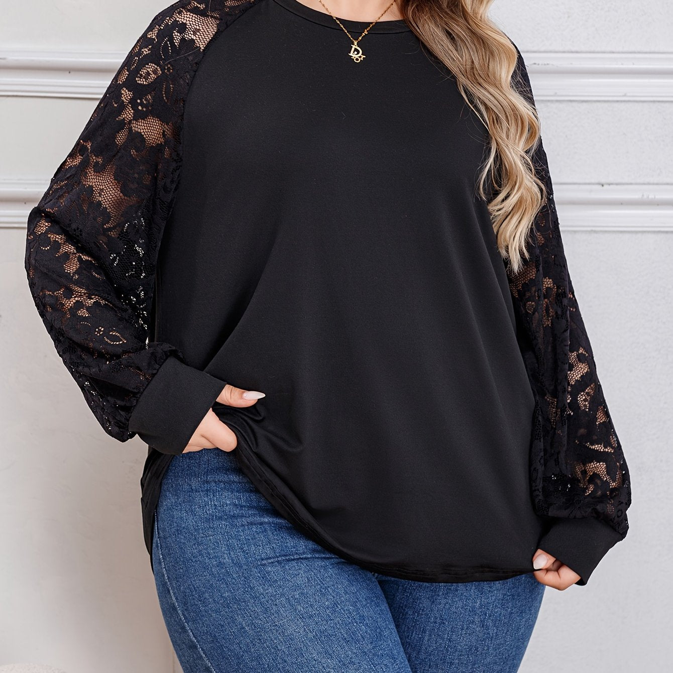 Casual Blouse Women's Plus Solid Contrast Lace Long Sleeve