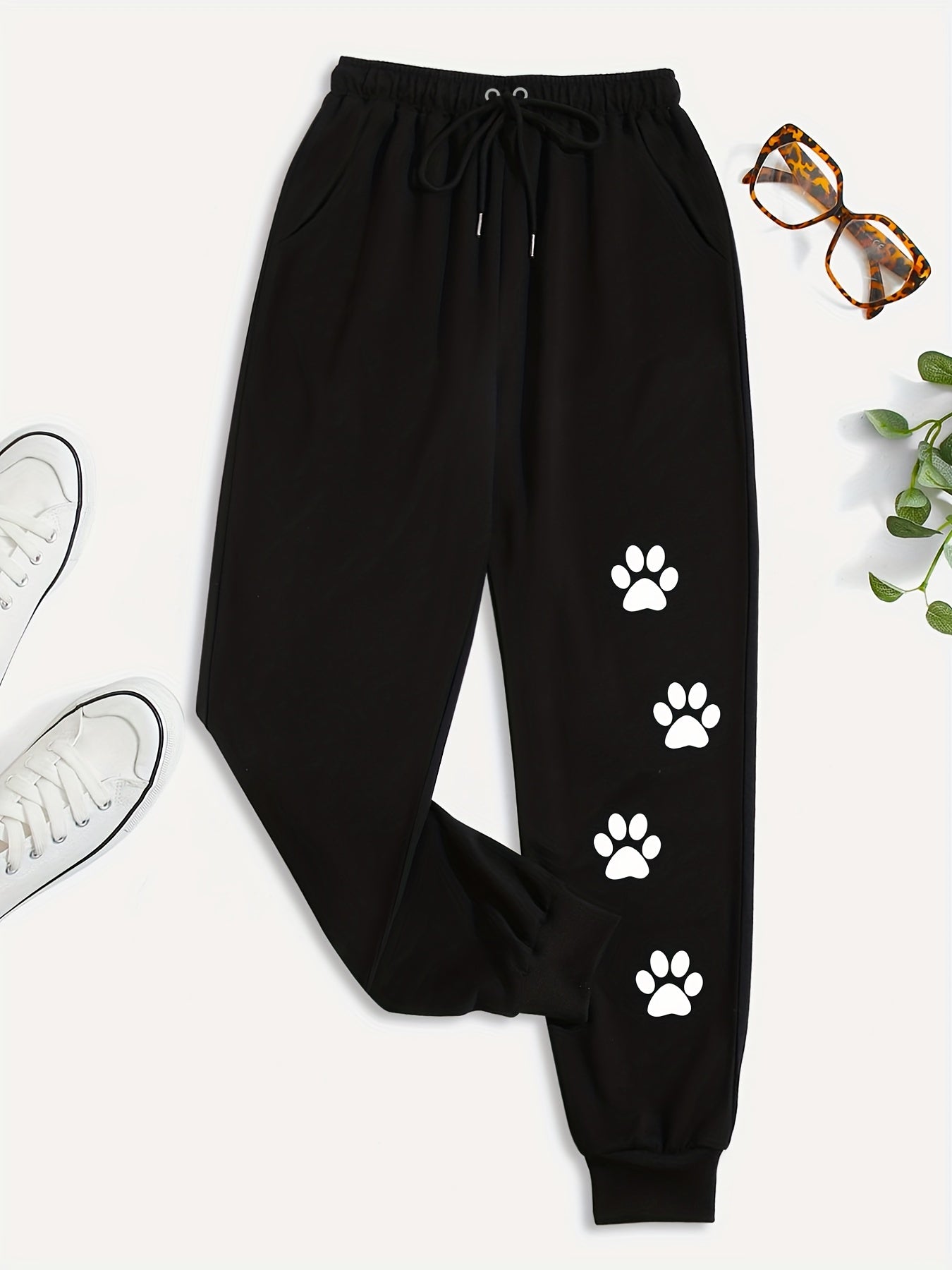 Dog Footprints Print Drawstring Pants Casual Loose Jogger Pants