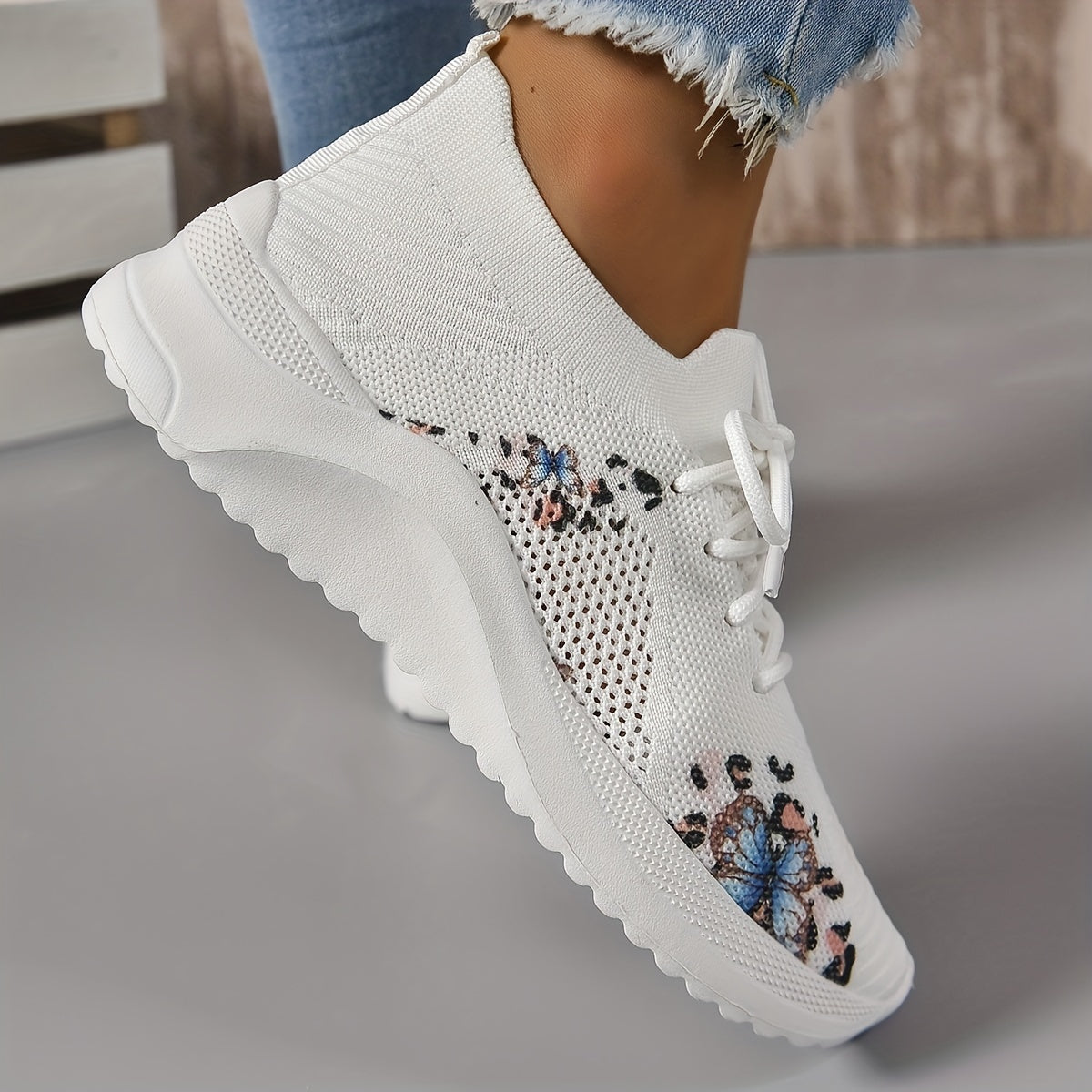 Women's Butterfly Print Knitting Sports Lace Up Sneakers