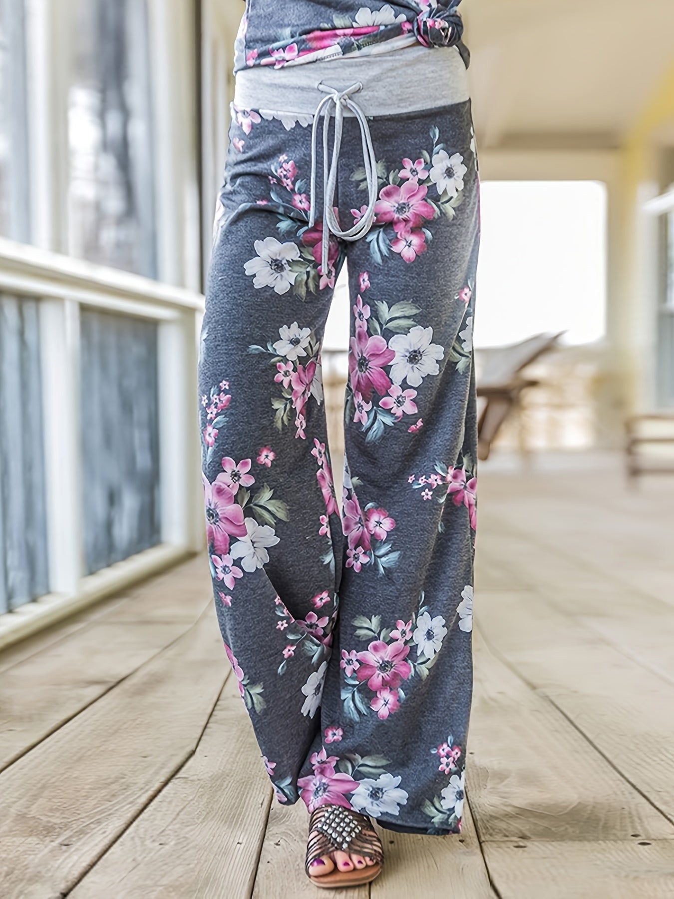 Flower Print Loose Pants Casual Lace up High Waist Wide Leg