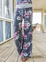 Flower Print Loose Pants Casual Lace up High Waist Wide Leg