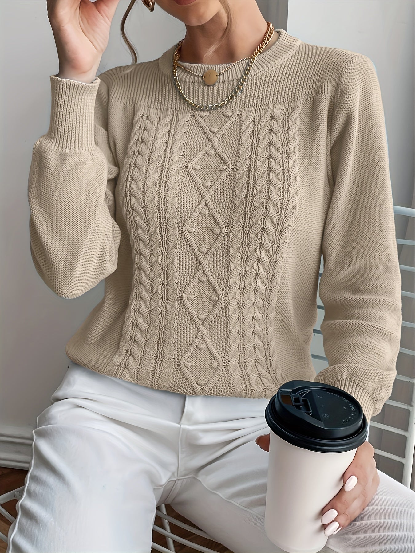 Solid Crew Neck Sweater Long Sleeve Loose Knit Sweater