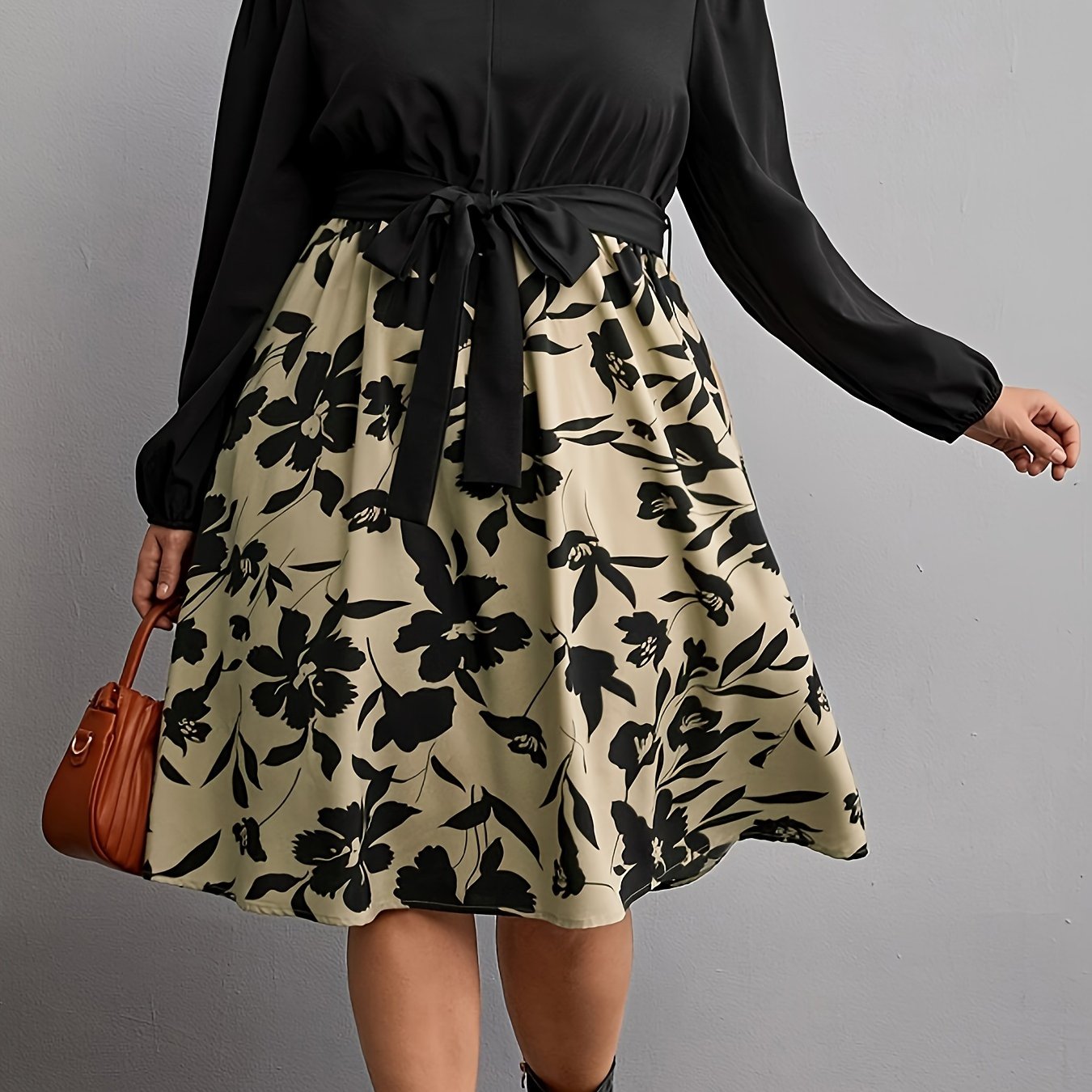 Floral Print Lantern Sleeve Plus Size Dress With Belt
