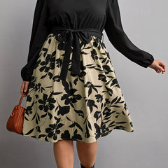 Floral Print Lantern Sleeve Plus Size Dress With Belt