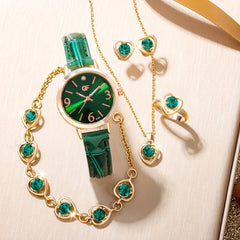 6pc Set Rhinestone Children's Leather Quartz Watch Love Jewelry Set