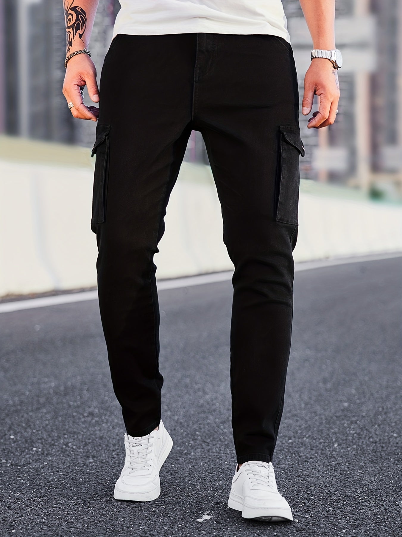 Slim Fit Cargo Jeans Mens Casual Pocket Solid Mid Stretch Jeans
