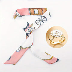 2pcs Pink Skinny Scarf & Scarf Ring Set Faux Pearl Camellia Shawl Buckle