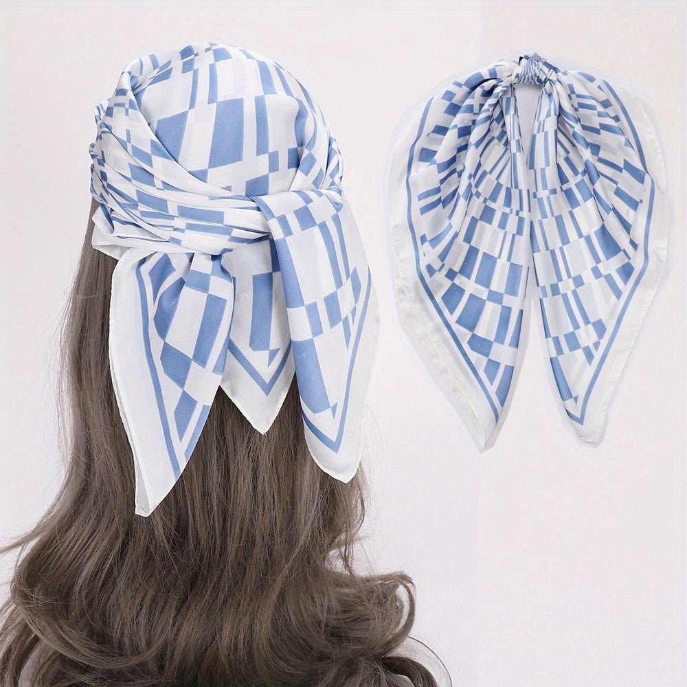 Geometric Plaid Print Satin Square Scarf Bandana Women Head Scarf