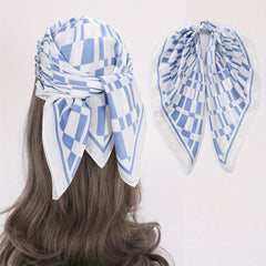 Geometric Plaid Print Satin Square Scarf Bandana Women Head Scarf