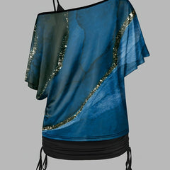 Women's Plus Marble Print One Shoulder Top & V Neck Cami Outfit