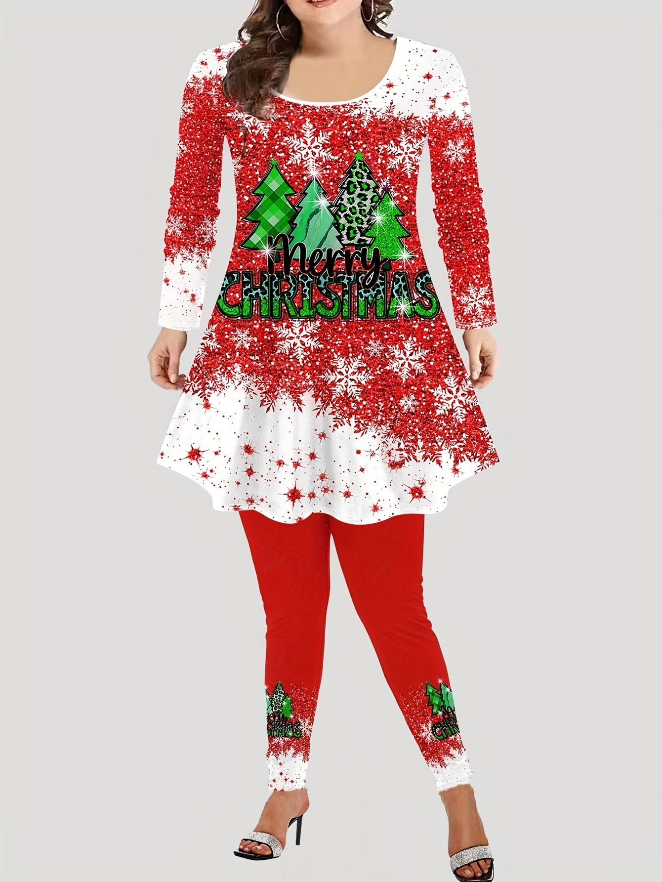 Women's Plus Christmas Tree & Snowflake Print Top & Leggings Set