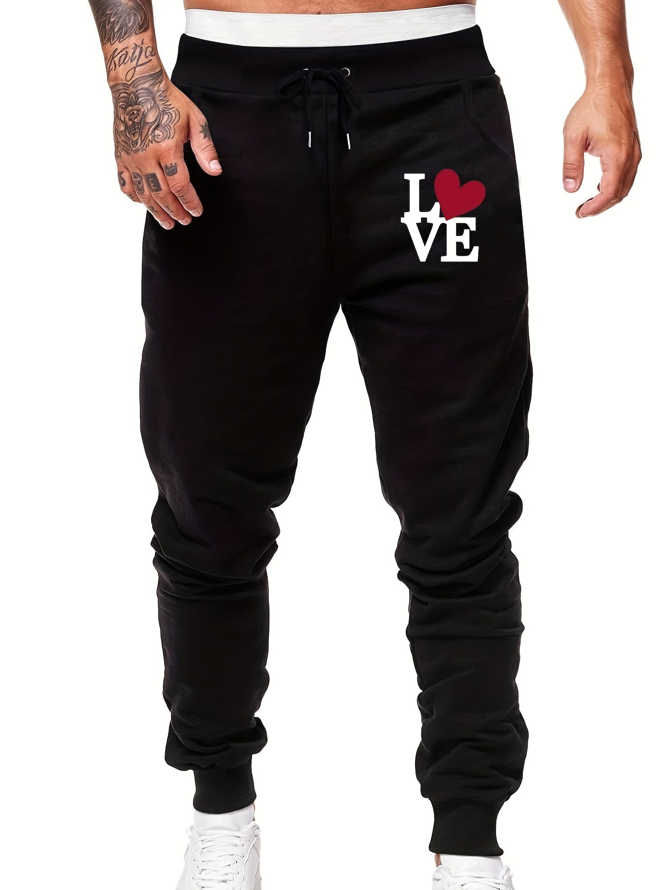 Men s Love Print Sports Pants Casual Drawstring Jogging Trousers