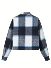 Plaid Trucker Jacket with Flap Pockets for Women