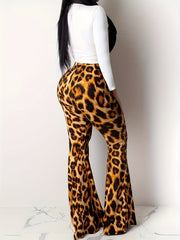Leopard Print and Lips Print Two-Piece Set: Long Sleeve Top & Flared Leg Pants