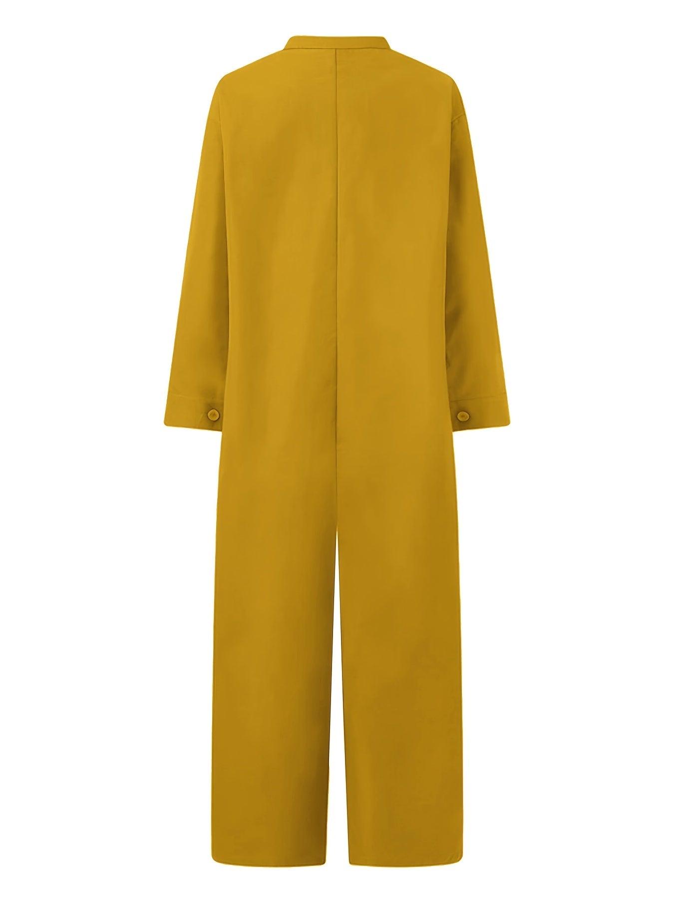 Solid Pockets Jumpsuit Casual Stand Collar Button Front Long Sleeve