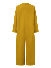 Solid Pockets Jumpsuit Casual Stand Collar Button Front Long Sleeve