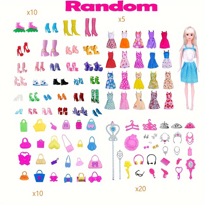 57pcs Doll Clothes & Accessories: 5 Wedding Dresses, 3 Swimsuit, 4 Short Skirts